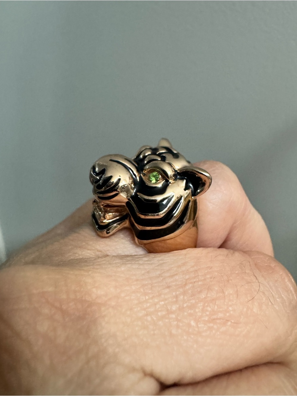 Gold Tiger Head Statement Ring with Green Eye Accents - Picture 4 of 5